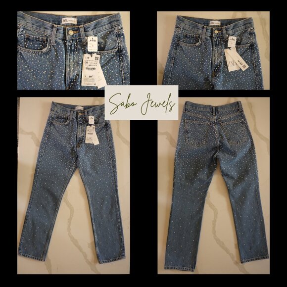 Zara Rhinestone Studded Light Wash Jeans – Size 6 (BNWT) - Picture 1 of 5